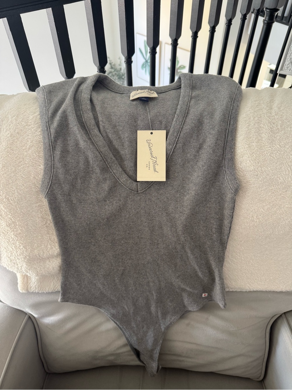 Gray Ribbed V-Neck Sleeveless Bodysuit